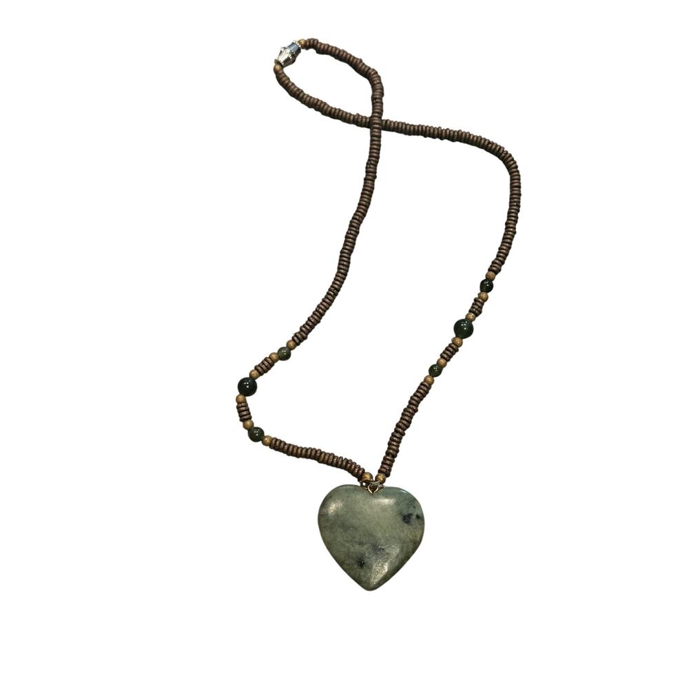 artisan necklace solid heart greenstone jade colored pendant earthy boho nautral